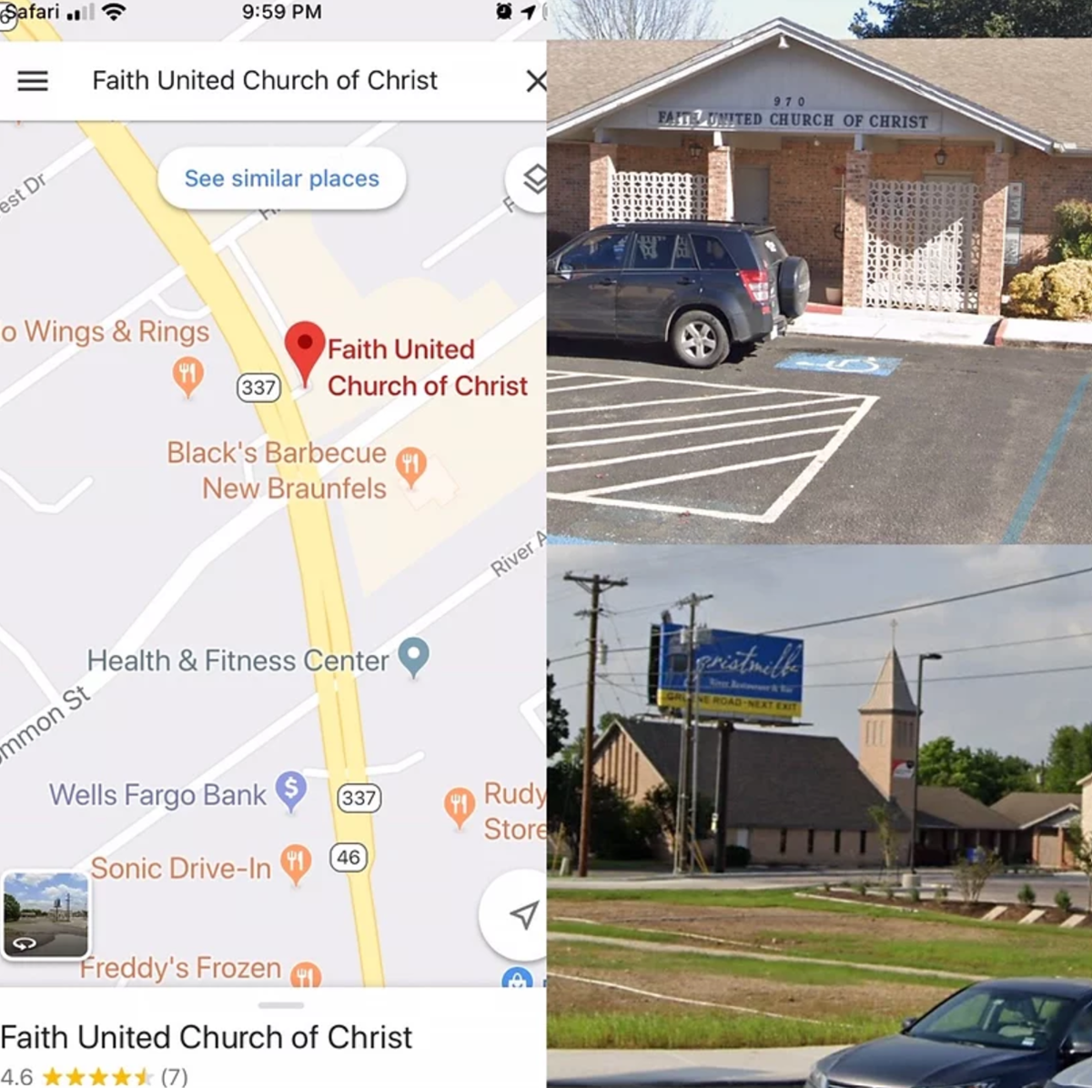 Google Map and Two Photos of Exterior of Faith Chuch Complex