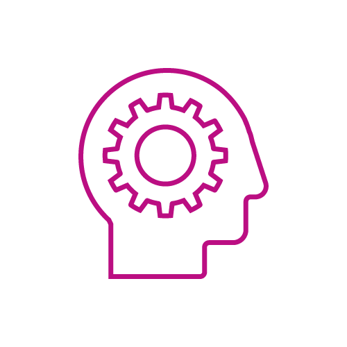 Icon of the human head with a turning cog. Cognitive development through music-based learning.