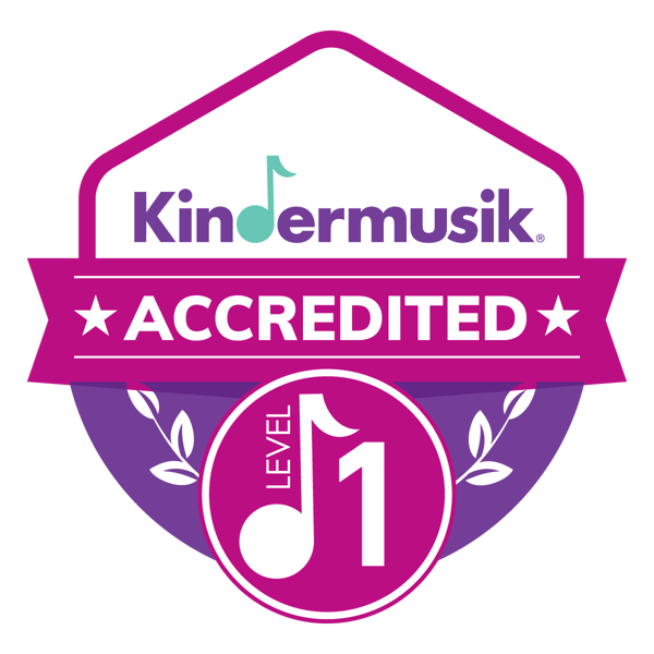 The Kindermusik Accredited Level 1 digital badge. This signifies to audiences that the earner is approved to teach the a cappella studio curricula to children and families.