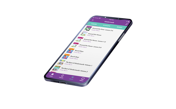Smart phone with screen open to Kindermusik app. Free Kindermusik app.